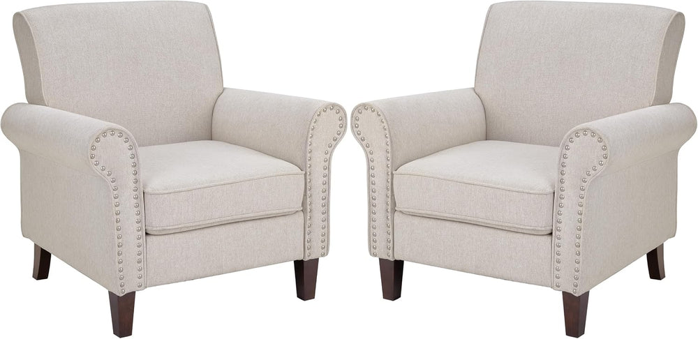 PrimeZone Comfy Accent Chairs Set of 2, Mid-Century Modern Arm Chair, Beige