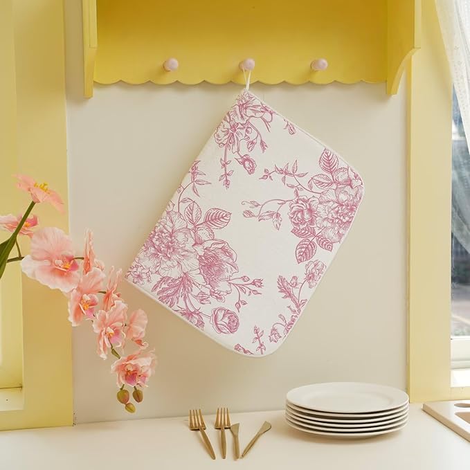 Pink Chinoiserie Floral Dish Drying Mat 18 x 24 inch Vintage Flower Decorative - Image 5