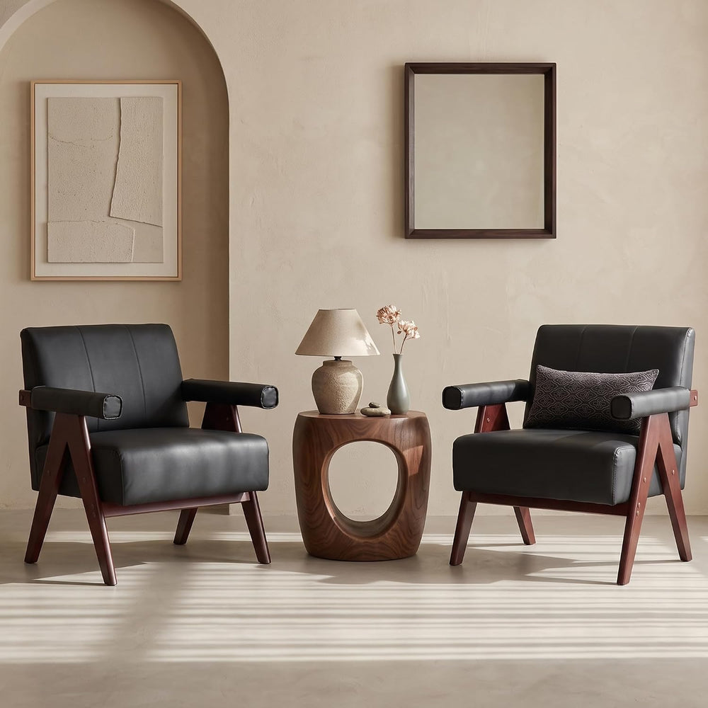 JIASTING Mid Century Modern Accent Chair Set of 2, Black Leather Armchair