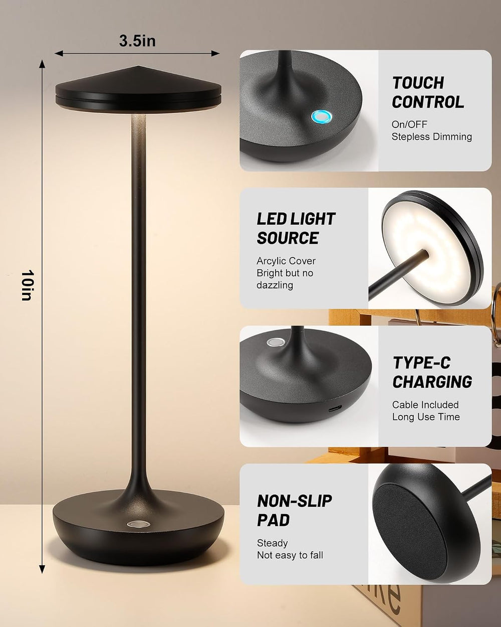 2pack LED Rechargeable Portable Cordless Table Lamp (2pack Black)