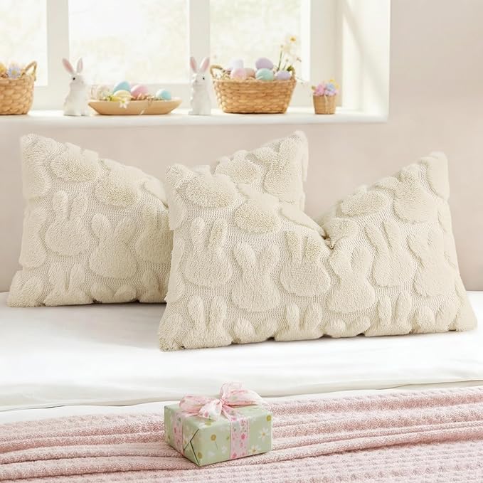 decorUhome Easter Bunny Pillow Covers 12x20 Inch Set of 2, Soft Plush Faux Wool - Image 5