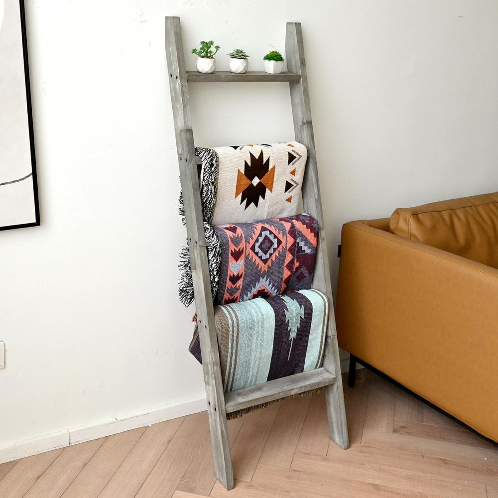 Blanket Ladder, 5ft Rectangle Rung Rustic Solid Wood Decor Rack, Grey | 5 run...
