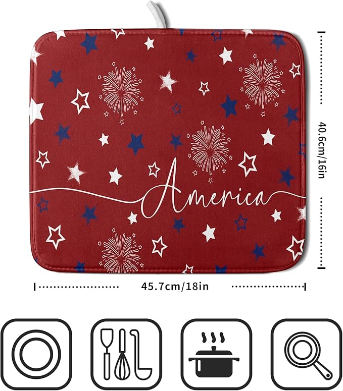 Giwawa 4th of July Dish Drying Mat 16"x18" Patriotic Usa Stars America Firework - Image 2