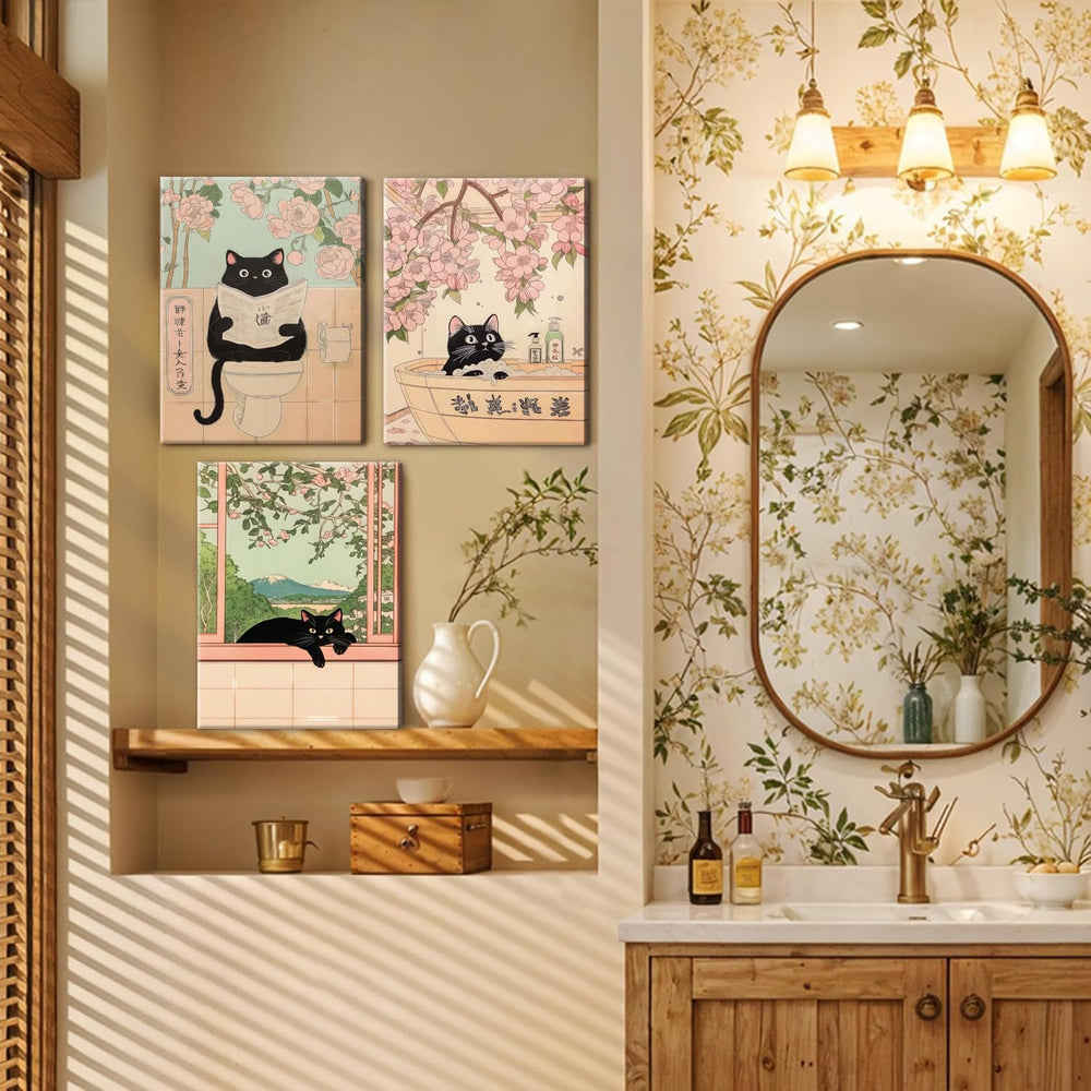 Japanese Bathroom Wall Art Set of 3, Cute Black Cat Bathtub Wall Decor, Funny...