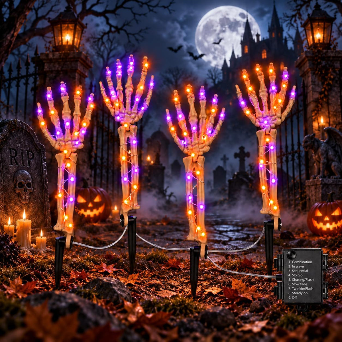 Halloween Decorations Outdoor, 4 Pcs Lighted Skeleton Hand Stakes with 200 LEDs, Battery Operated Halloween Pathway Lights with 3 Colors & 8 Modes, Spooky Graveyard Decor for Yard Garden Lawn Pathway
