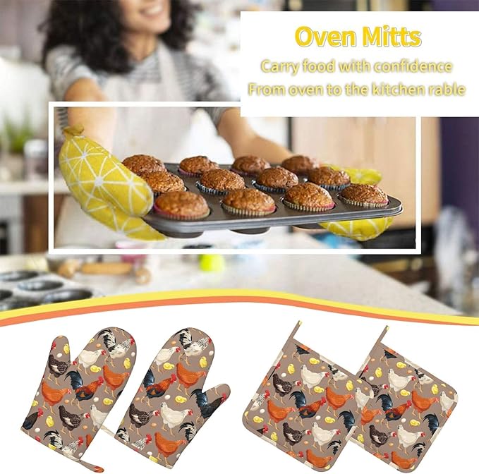 Fun Hen Chicken Rooster Oven Mitts and Pot Holders Set of 4 Silicone Heat - Image 7