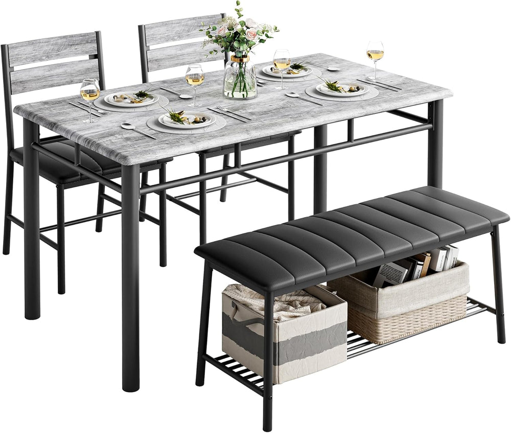 IRONCK Dining Table Set for 4, Kitchen Table with Upholstered Bench and 2 Cha...