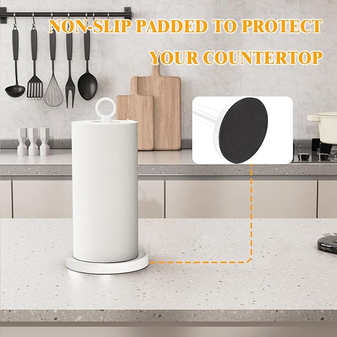 White Paper Towel Holder Countertop, One-Handed Tear, Stainless Steel, Weighted - Image 6