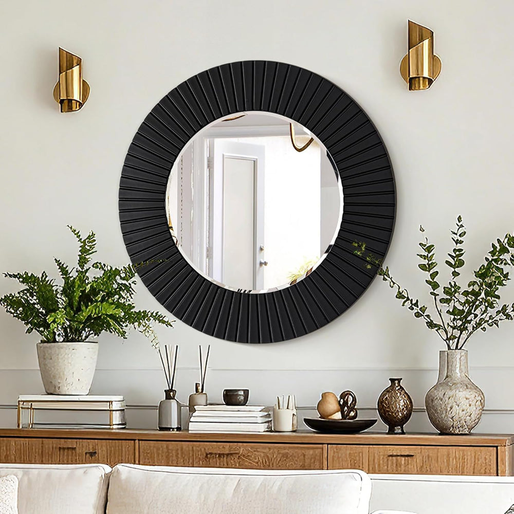 Chende 30'' Black Round Wall Mirror for Bathroom with Fluted Wood Frame