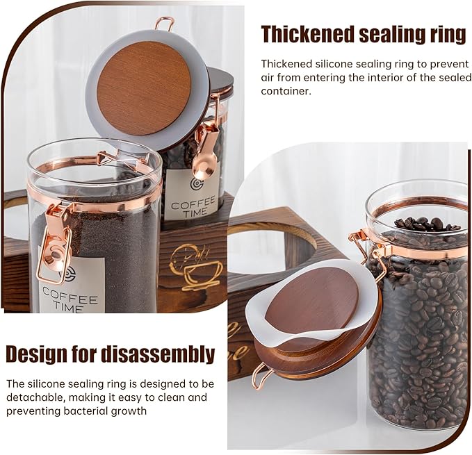 Glass Coffee Canister Set with Torched Wood Shelf, 2 Pack 45oz Airtight Storage