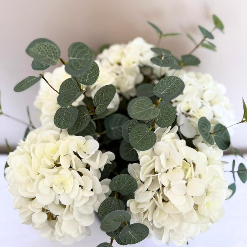 Real Touch White Faux Hydrangea And Eucalyptus, Floral Arrangement For Vase