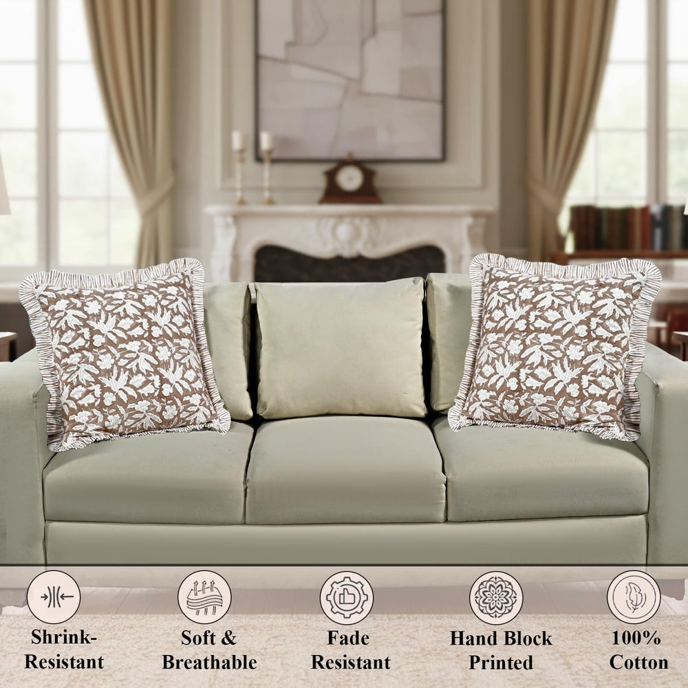 Ridhi Oak Brown Floral Block Print Throw Pillow Covers 16 x 16 Inch