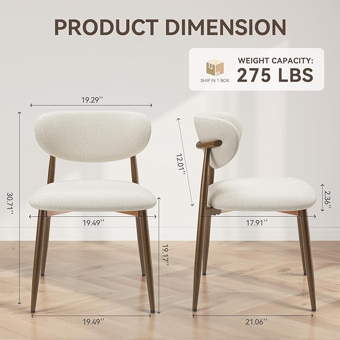 Dining Chairs Set of 2, Curved Back Kitchen Room Chairs with Metal Legs and A...