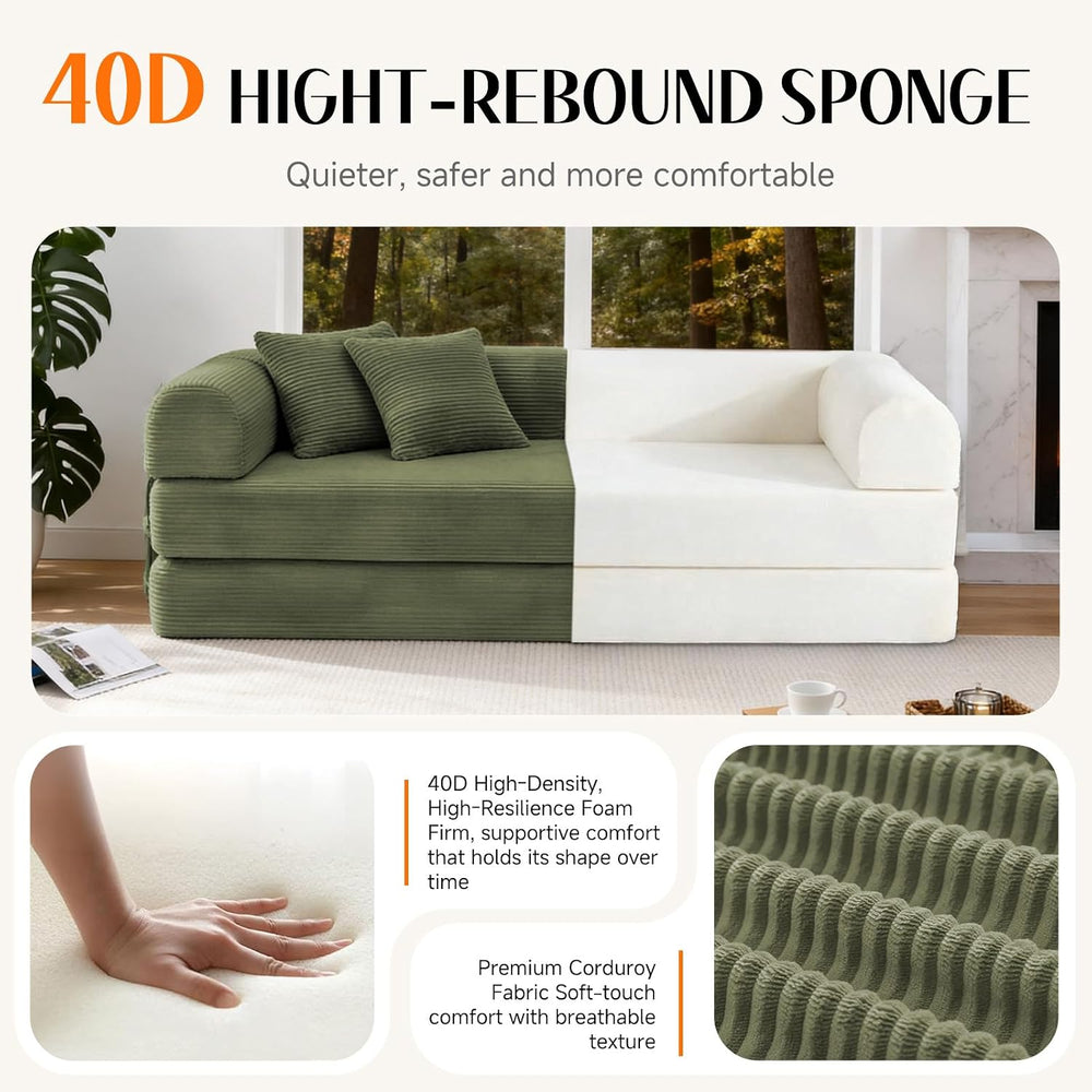79" Corduroy Sofa Bed, Boneless Couch in a Box with 2 Pillows, High-Dens...