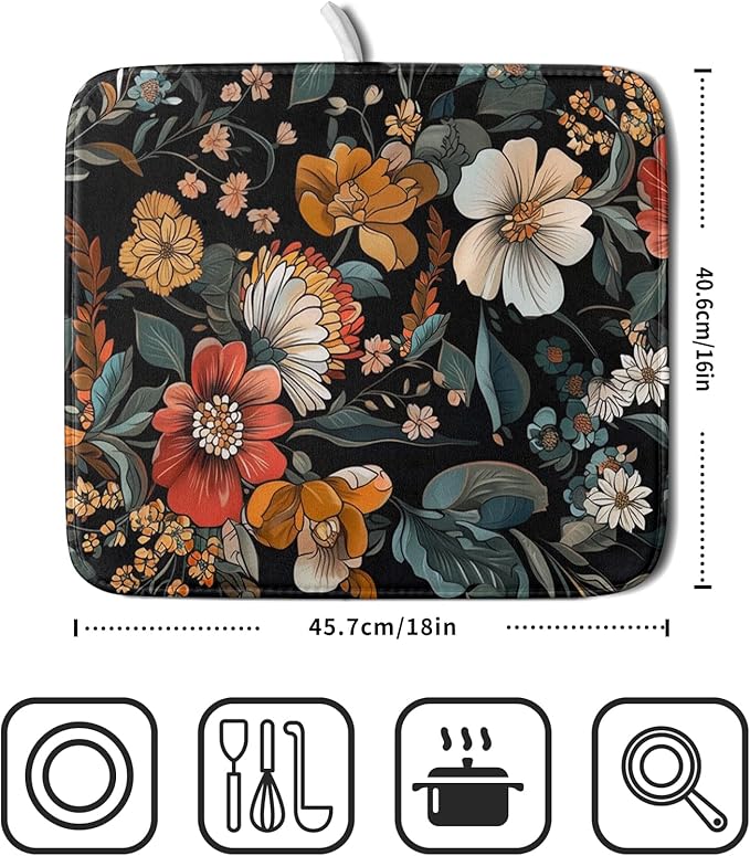 Vintage Floral Dish Drying Mat 16x18 inch Boho Flower Drainer Mats Fast Dry - Image 2