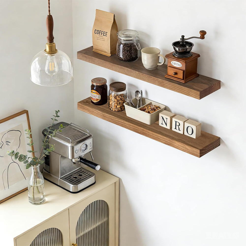 36x6.8x1.7in Solid Wood Floating Wall Shelf Set of 2 Oak Finish