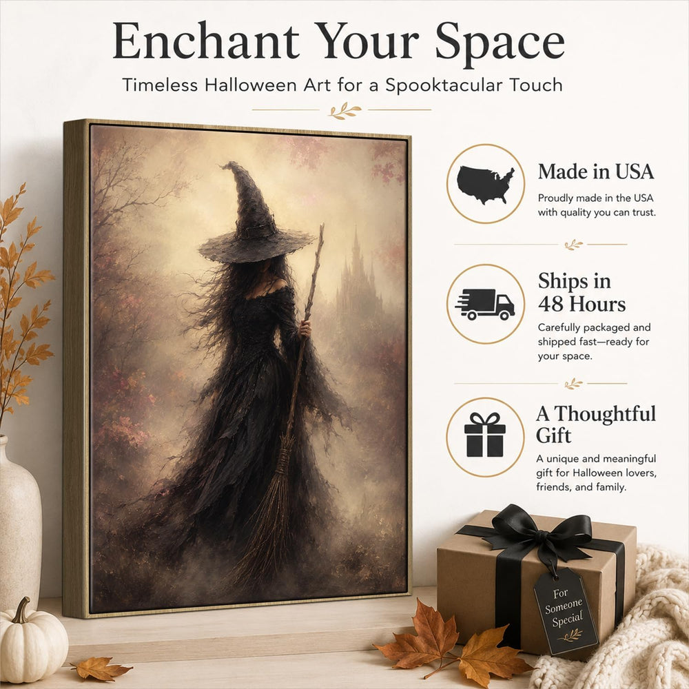 Halloween Framed Wall Art, Dark Witch with Broomstick Halloween Pictures