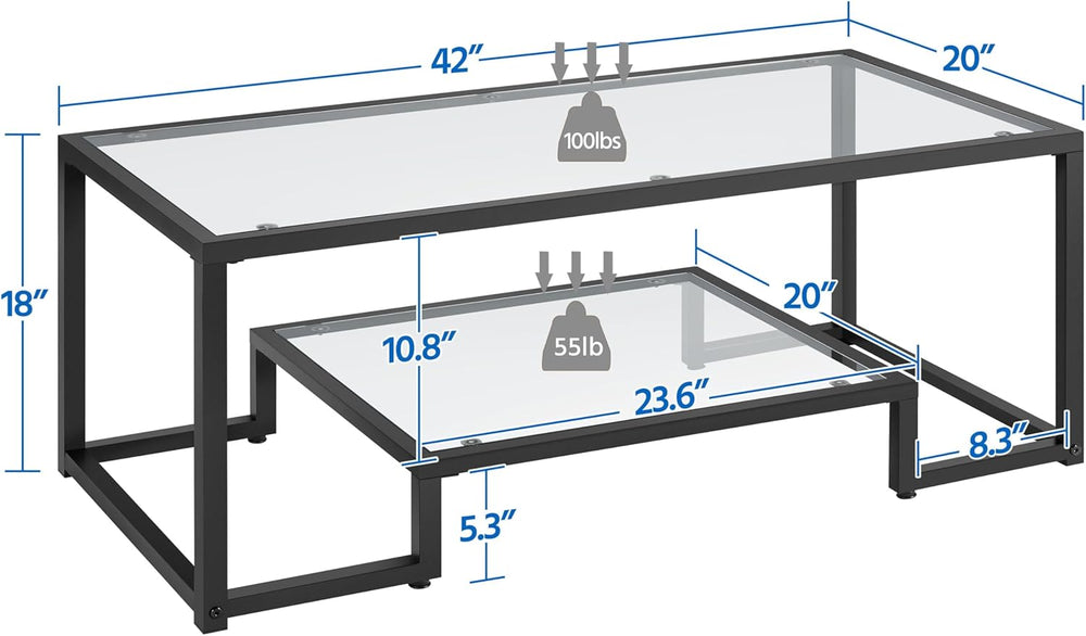 Yaheetech Glass Coffee Table for Living Room, 42" with Storage Shelf, Black