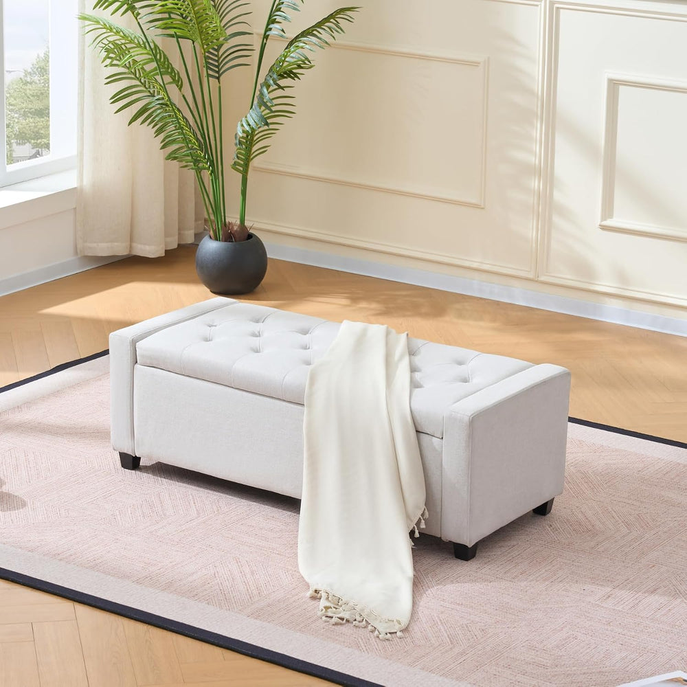 Storage Bench for Bedroom, 48.4'' End of Bed Beige Ottoman Lined Fabr...