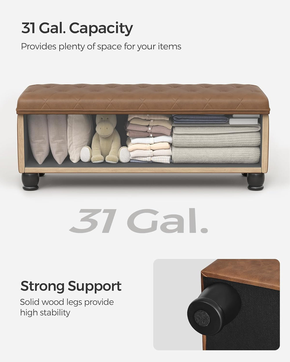SONGMICS Storage Ottoman, 46.5 Inches Long Bed End Stool, Solid Wood Legs
