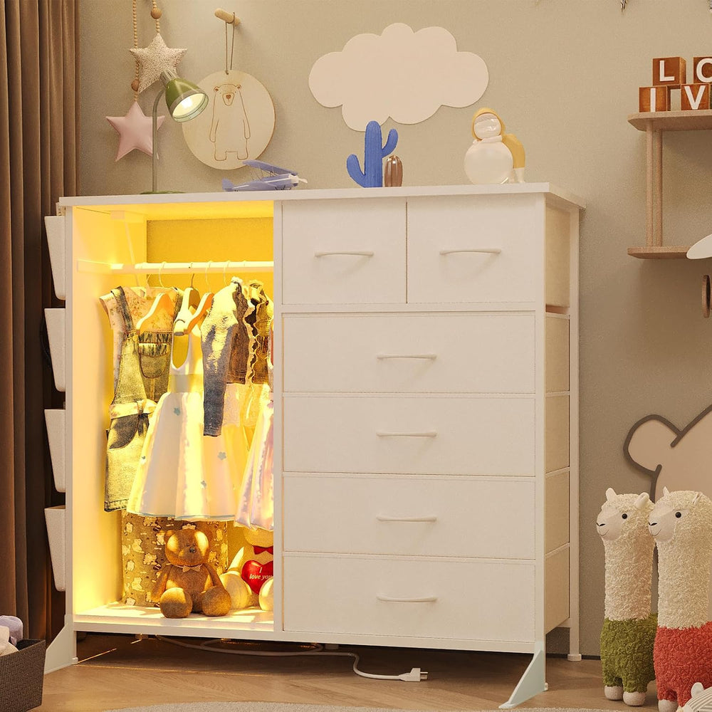 6 Drawer Dresser for Bedroom with Clothes Rack, Clothes Dresser with Side Poc...