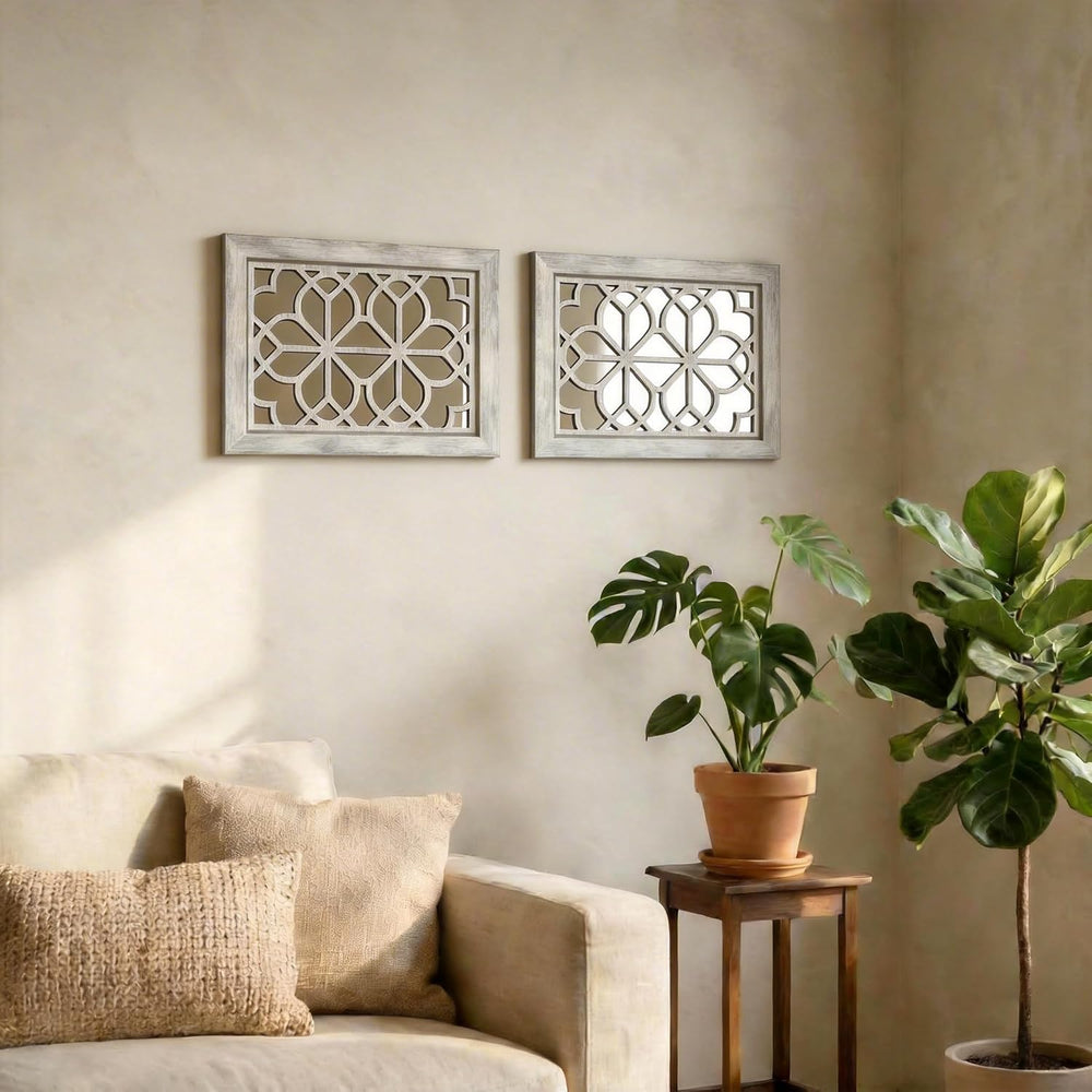 Set of 2 13x17 Inch Rectangular Shatterproof Decorative Wall Mirrors, Boho Fa...