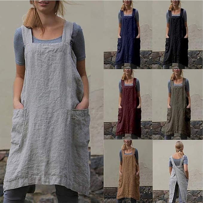 VLZUFE Cotton Linen Apron for womens Cross Back Apron Pinafore Dress for Baking - Image 5