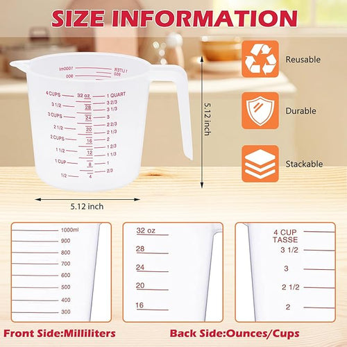 8 Pcs 4 Cup Capacity Plastic Measuring Cup, 32 Oz/1000 ml Clear Graduated - Image 2