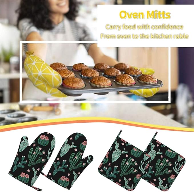 Trendy Cactus Oven Mitts and Pot Holders Sets of 4, Heat Resistant Silicone - Image 7