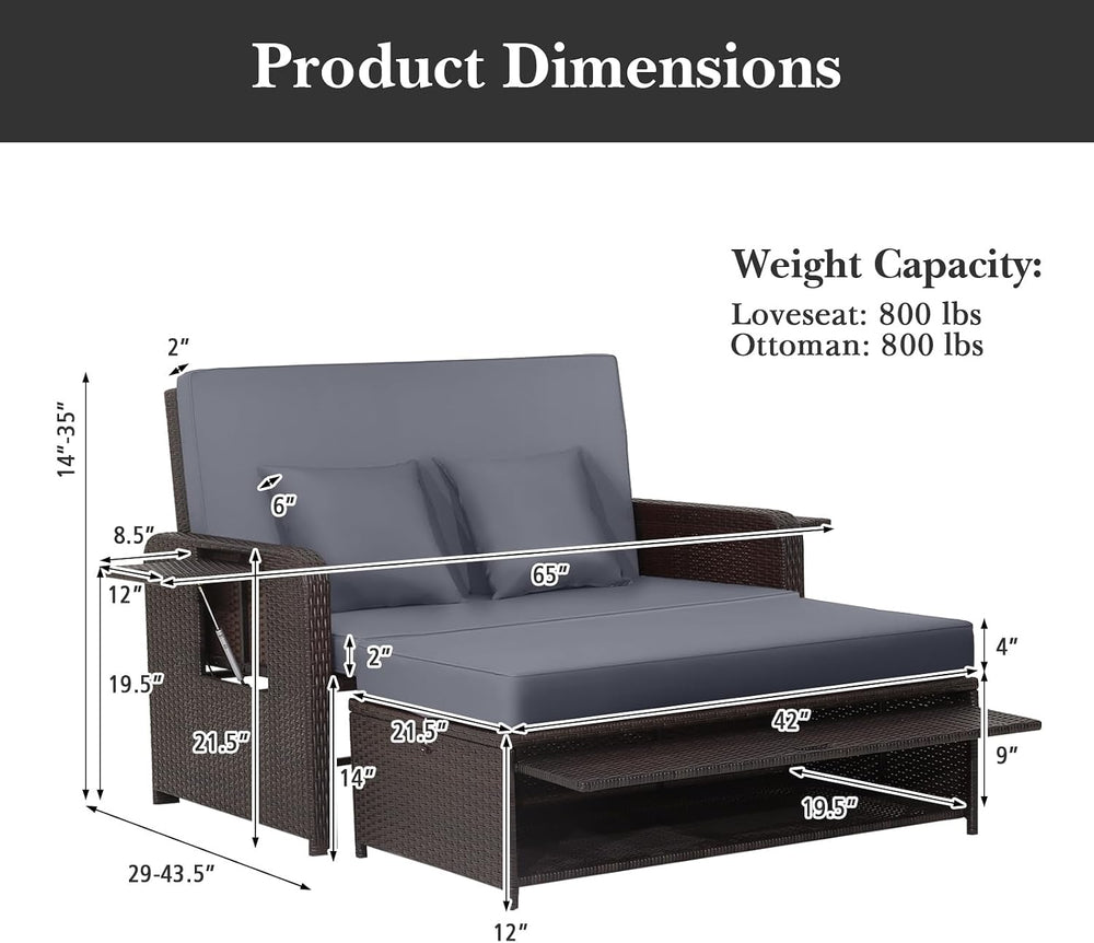 COSTWAY Patio Rattan Daybed with Cushions, Outdoor Wicker Loveseat Sofa