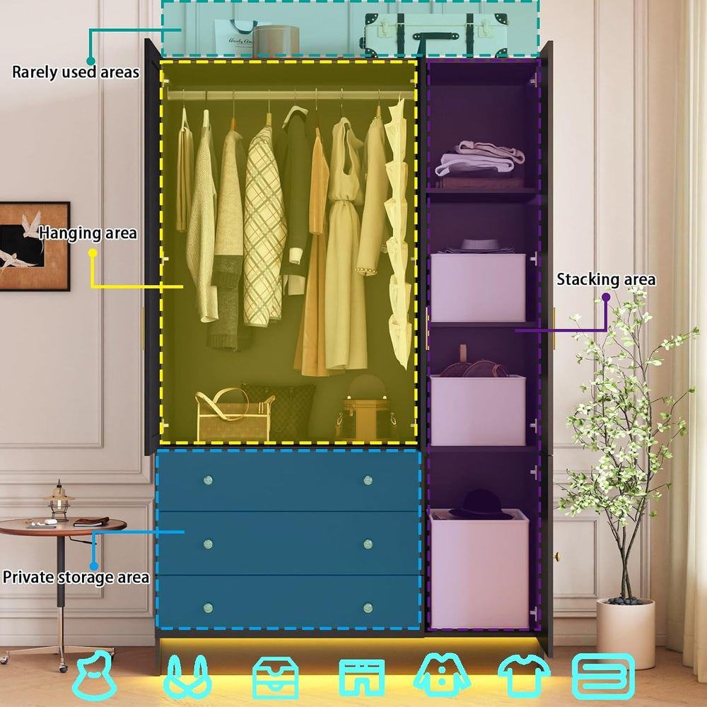 3 Doors LED Armoire Wardrobe Closet with Mirror, 75" Tall Modern Wooden ...