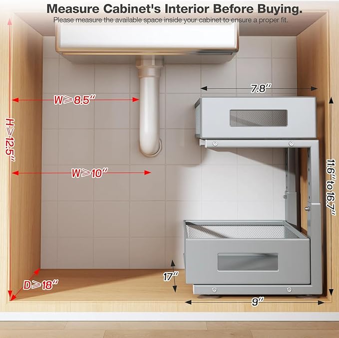 2 Packs 17IN Depth Under Sink Organizer, 2-Tier Pull Out Cabinet Organizer - Image 2