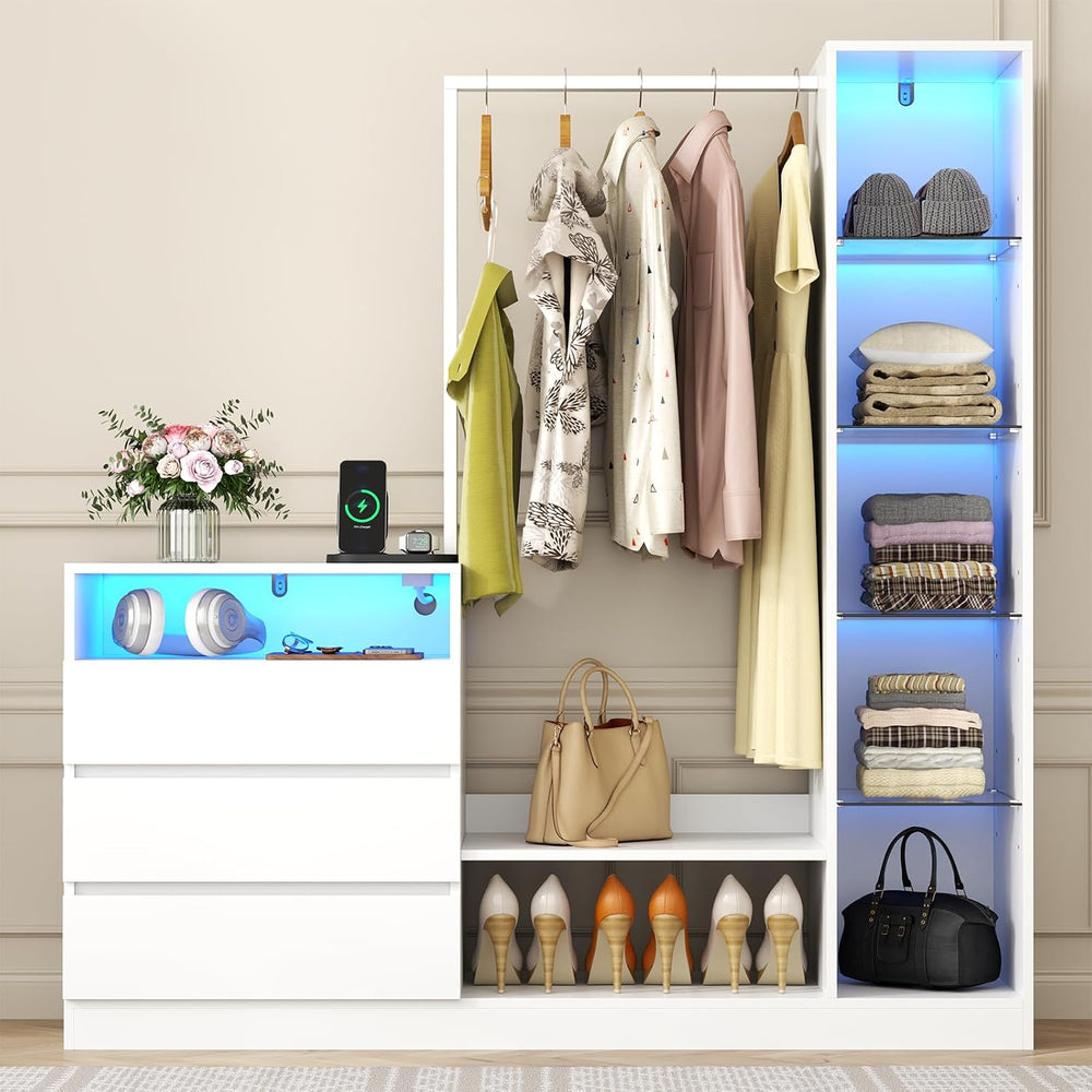 Dresser with Hanging Rack, 3 Drawers Dresser with Charging Station & LED