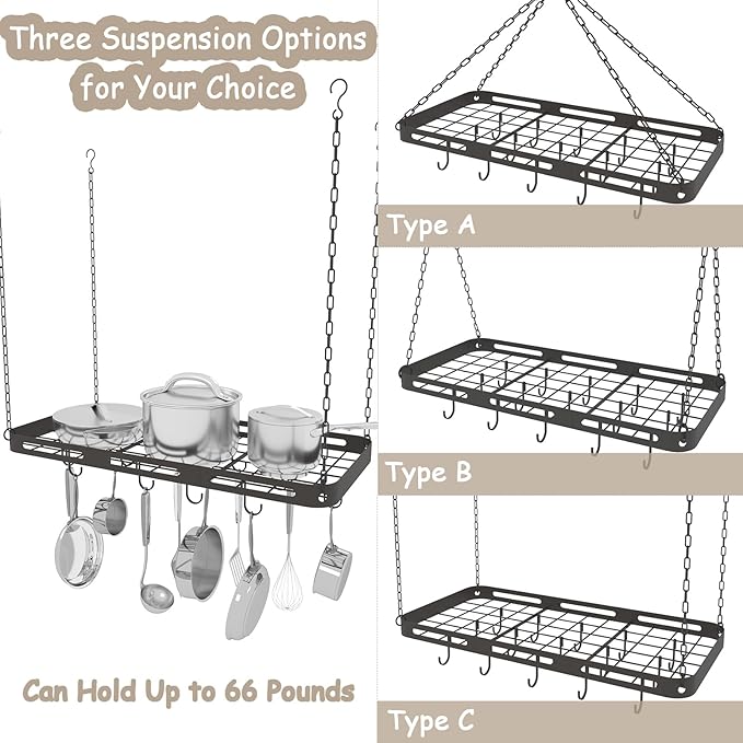 33” Pots and Pans Hanging Rack, Heavy-duty Metal Square Kitchen Ceiling Pot Rack