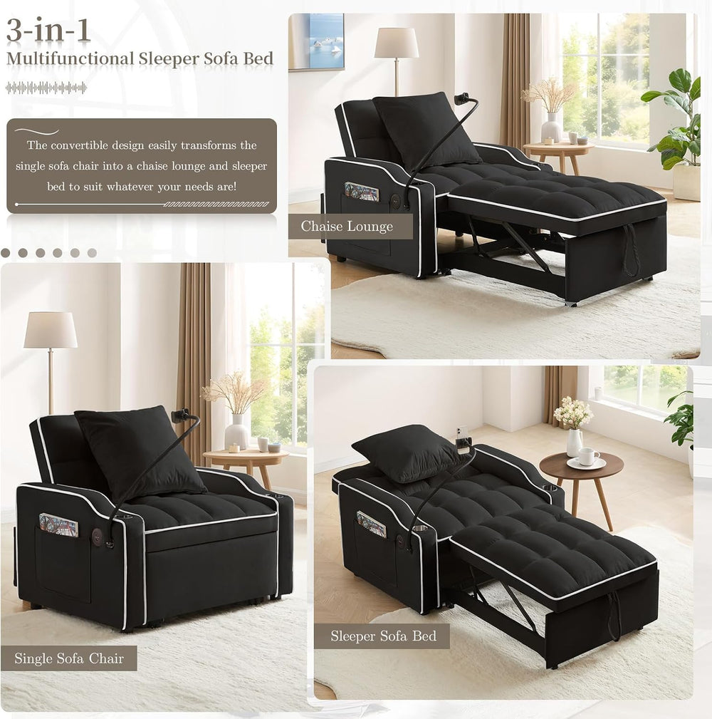 JEEOHEY Convertible Single Sleeper Velvet Futon Sleeper Sofa Bed with Phone H...