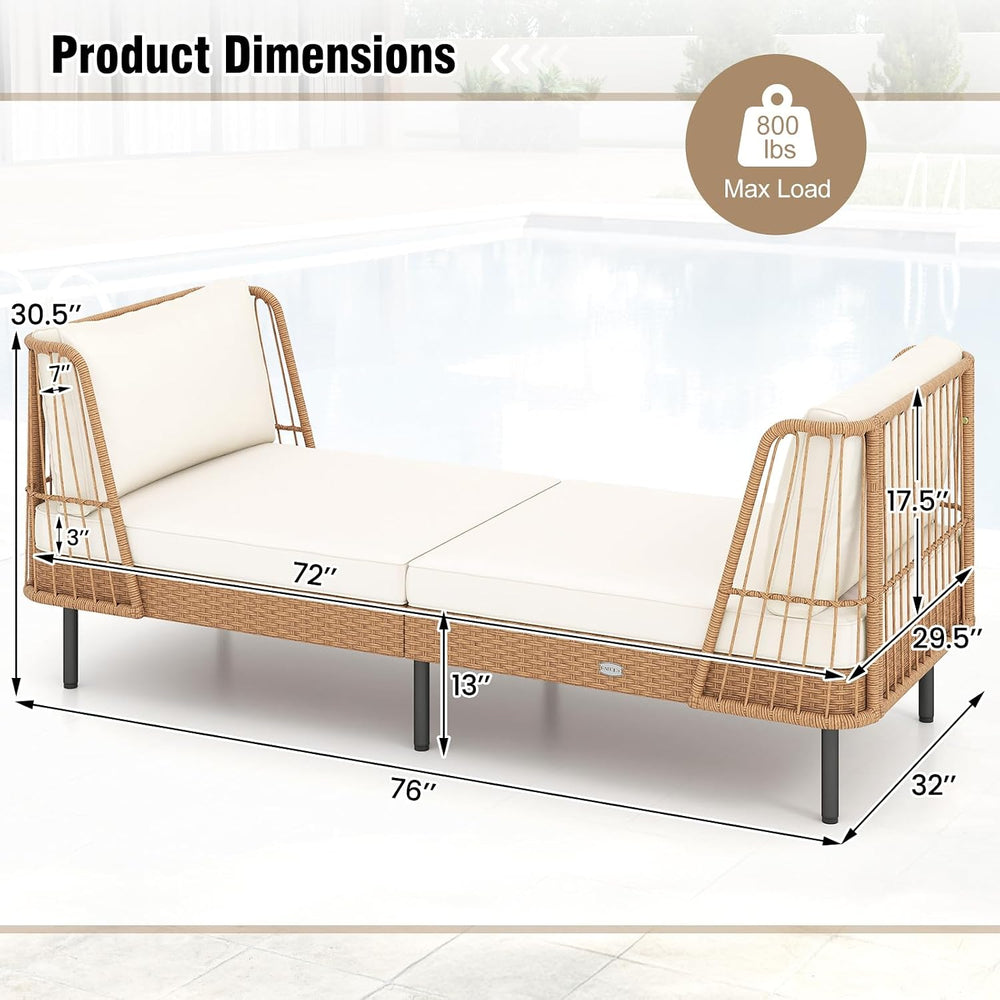 Tangkula Patio Rattan Daybed, Boho Wicker Lounge Sofa, Natural & Off White