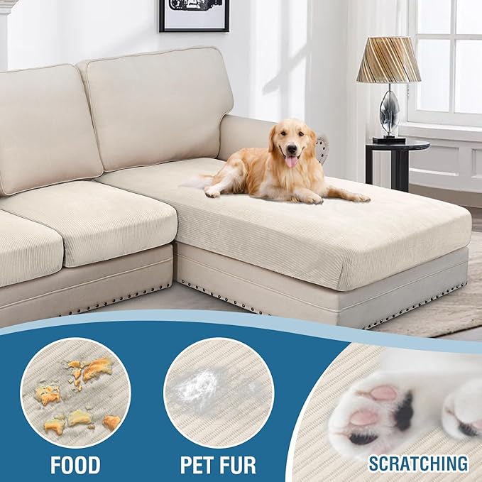 H.VERSAILTEX Velvet Stretch Sectional Couch Covers 3 Pieces, L Shape, Ivory - Image 3