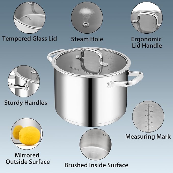 Rorence Stainless Steel Stock Pot, Tri-Ply Base Large Pot Induction Cooking Pot - Image 4