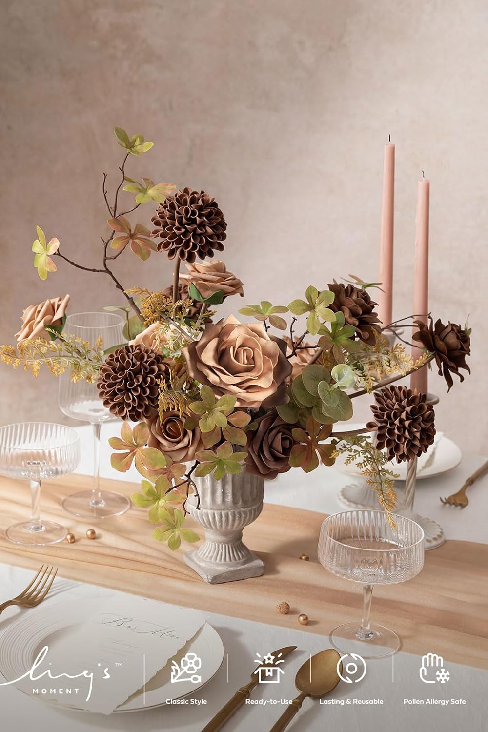 Ling's moment Artificial Flowers Fake Roses Faux Gardenia Foam Brown Beige