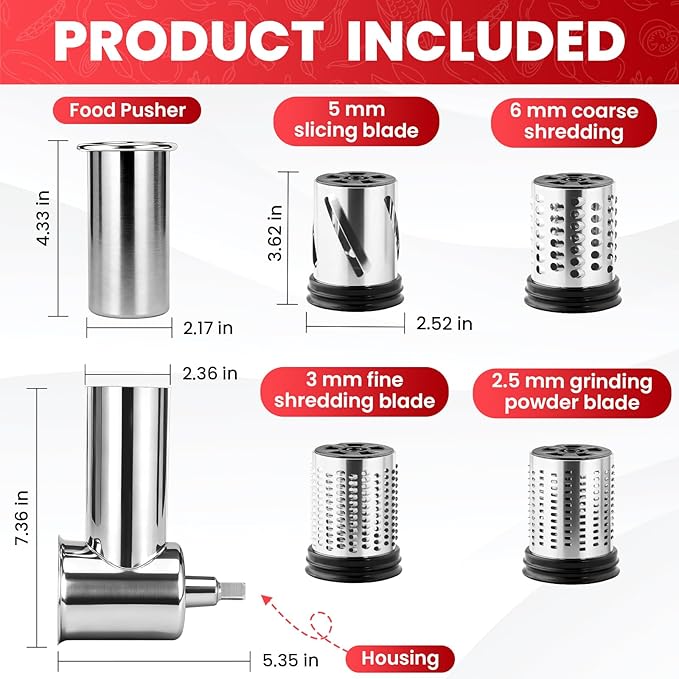 KITOART Stainless Steel Slicer Shredder & Cheese Grater Attachment