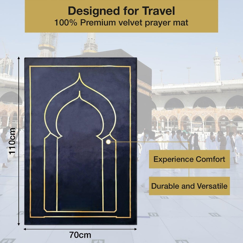 Luxury Velvet Muslim Prayer Mat – Portable Foldable Sajadah with Travel Bag, Dua Booklet & Elegant Gift Box - Premium Islamic Janamaz for Home, Mosque & Travel – Black