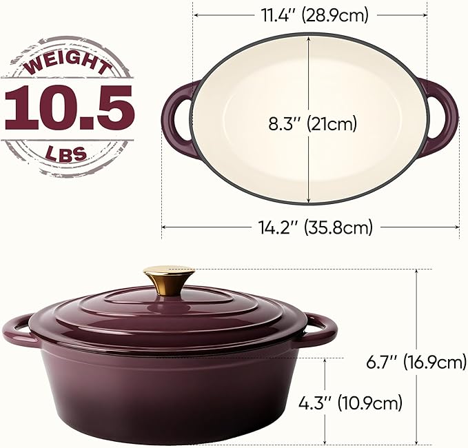 Oval Dutch Oven for Bread Baking, 4.5 Quart Non Stick Enameled Cast Iron Dutch