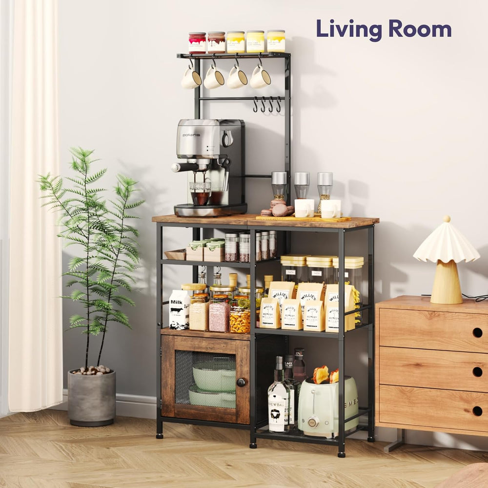 SWTYMIKI Bakers Rack with Storage - Coffee Bar Cabinet Organizer with 8 Hooks...