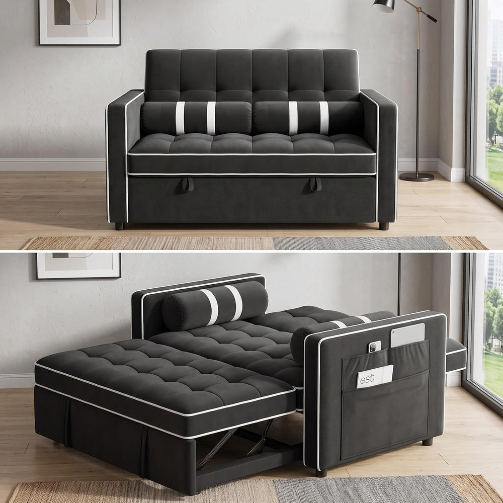 Marsail Futon Sleeper Sofa Bed, Convertible Pull Out Couch, Jet Black