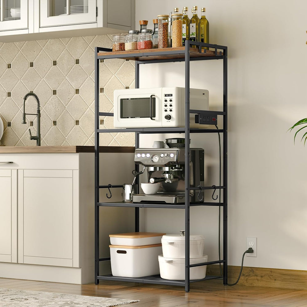 MAHANCRIS Bakers Rack with Power Outlet, Microwave Stand with Hooks, Multifun...