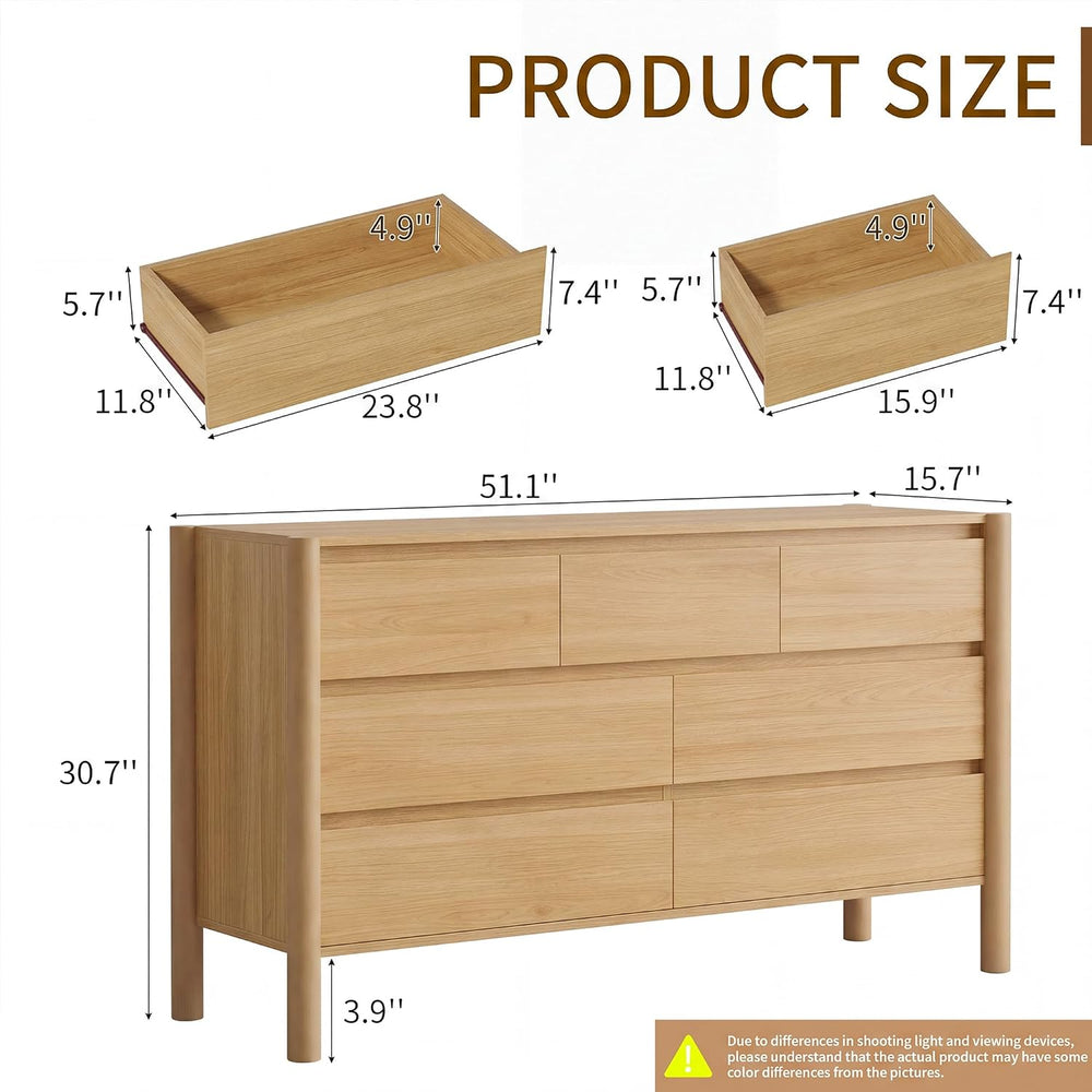 51.1" Wide Oak 7 Drawer Dresser for Bedroom with Solid Wood Legs