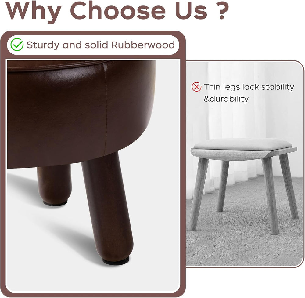 Small 13" Foot Stool Ottoman, Round Pouf Foot Rest, Faux Leather Footsto...