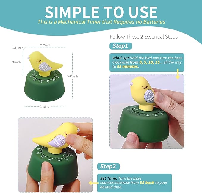 Mechanical Kitchen Timer, Cute Wind Up 60-Minute Manual Countdown - Image 3