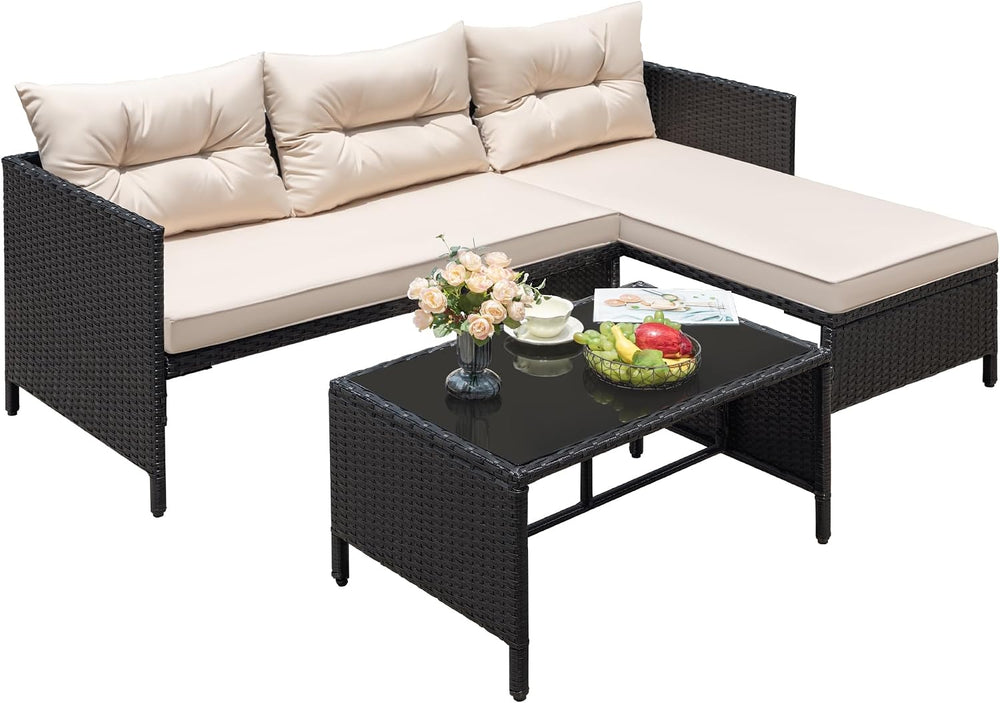 Greesum 3 Piece Patio Furniture Set Outdoor Wicker Sectional Sofa,Beige