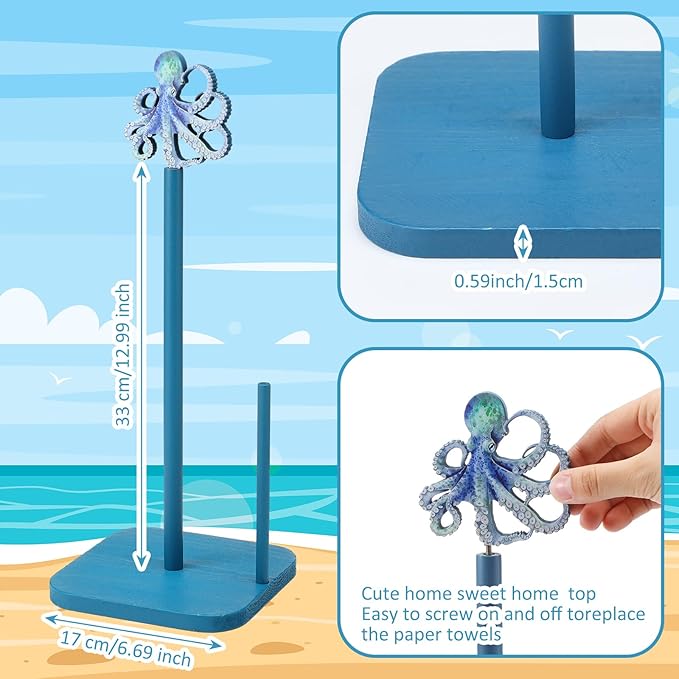 Leinuosen Octopus Paper Towel Holder Beach Octopus Wooden Paper Towel Holder - Image 2